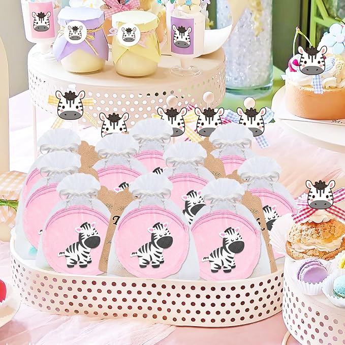 36 Pack Zebra Change Purses Set Include 12 Wallets with Keyring,12 Thank You Tags and 12 Organza Bags for Zebra Safari Jungle Grassland Party,Baby Shower Birthday Decor, Pink