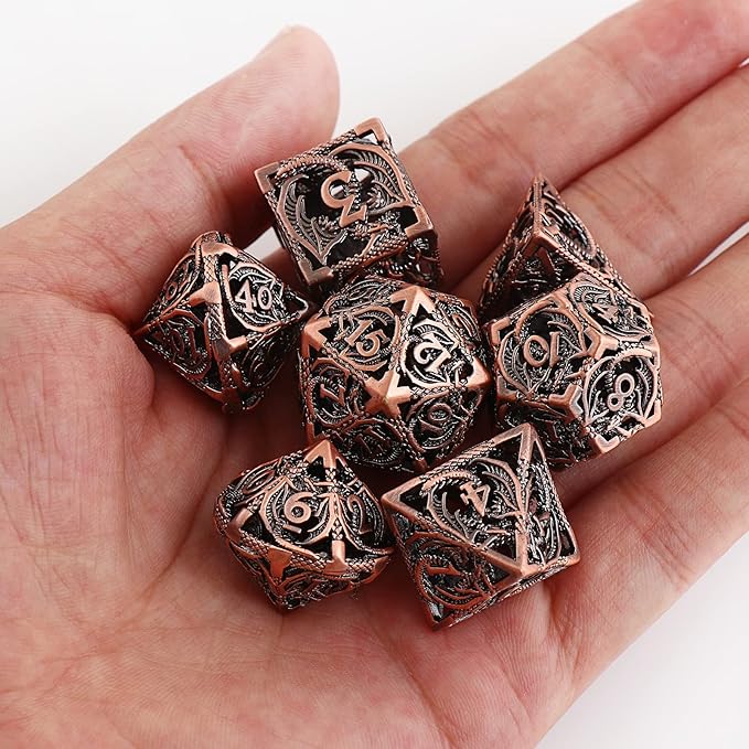 Hollow Metal DND Dice 7Pcs Set for Dungeons and Dragons RPG MTG Table Games D&D Pathfinder Shadowrun and Math Teaching,Large D4,D6,D8,D10,D12,D20 freaky multi sided Dice Set D and D Dice with Gift Box