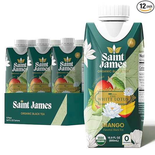 Saint James Iced Tea x The White Lotus Limited Edition - Organic Black Tea - Non-GMO, Gluten Free, Zero Calorie, Zero Sugar - Mango, 12 Pack (16.9 fl oz each)