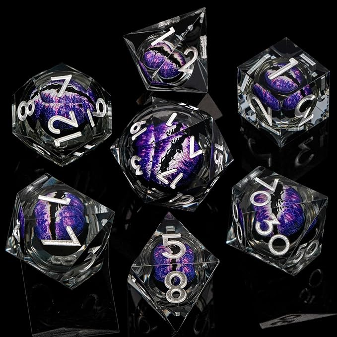 ARUOHHA DND Resin Dice Dragon Eye Dice Liquid Core Purple Sharp Edged Dice Set with Gift Box, Dungeons Polyhedral D and D Dice Set Compatible with D&D Role Playing Game D20 D12 D10 D8 D6