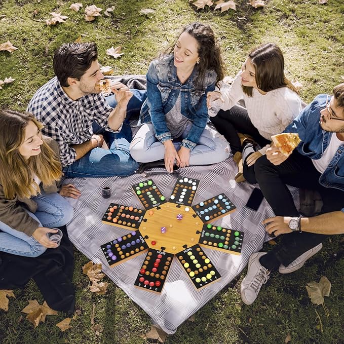 Marble Board Game,Wooden Board Game for 6-8 Players,Portable Design Marble Game with 32 Marbles 16 Dice, Family Game Night Gift for Kids & Adults