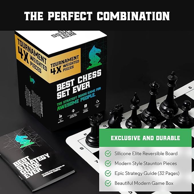 Best Chess Set Ever 4X Quadruple Weighted Tournament Chess Game (4.4" King) Large Staunton Modern Pieces, 20x20 Big Reversible & Foldable Silicone Mat, Professional Chess Board Set for Adults & Kids