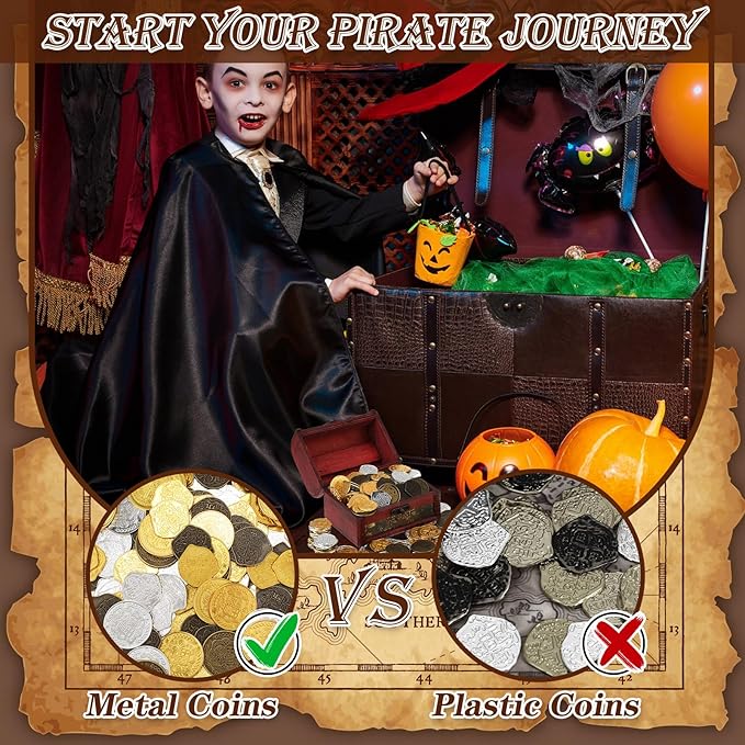 Hanaive 100 Pcs Metal Pirate Coins Treasure Chest Spanish Doubloon Fake Coins Tokens for Kids Board Games Pirate Party Cosplay (Groovy Style)