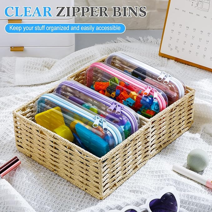 Hoolerry 4 Pcs Hard Clear Zipper Case Transparent Cases for Snacks Makeup Bag Plastic Storage Box Containers for Building Blocks, Puzzles, Cosmetics(Multicolor,7.5 x 3.9 x 2 in)
