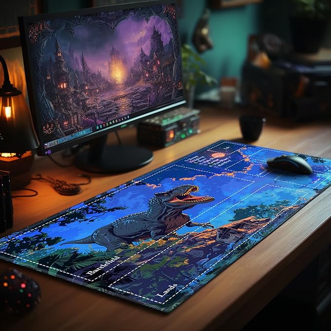 Playmat with Zones for MTG Card Game Playing, Game Mats Tabletop Magic Play Mats 24"x14" Commander Deck Gaming Desk Duel Mat Card Gameplay Mats for Beginner, Tyrannosaurus Rex