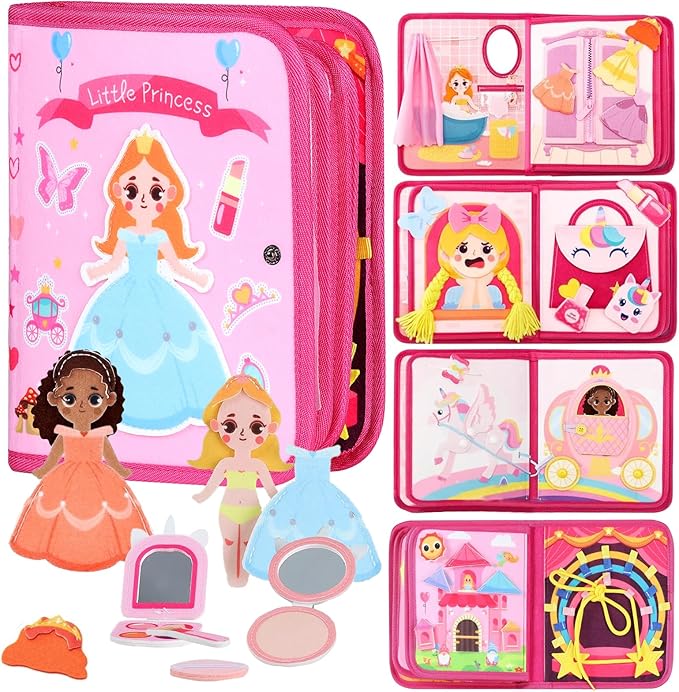 Busy Book for Toddlers 1-3, Princess Busy Board Toys for Girls, Montessori Preschool Learning Role Play Toy Book for Kids