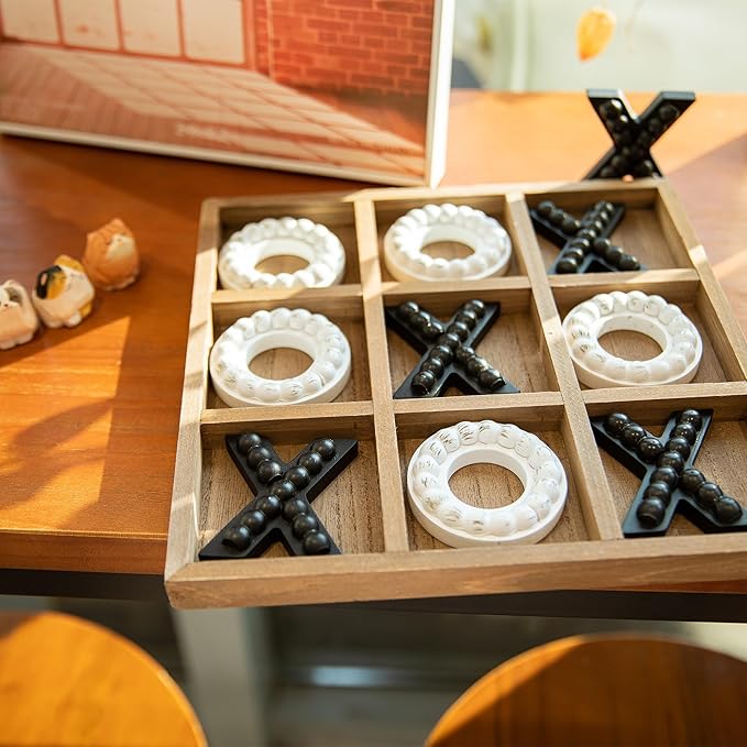 GENMOUS Wooden Tic Tac Toe Game Board for Kids Seniors Family Indoor Game, 10.6 Inch Rustic Giant Tic Tac Toe Coffee Table Decor, Fun for Family Travel Outdoor Game Room Decor