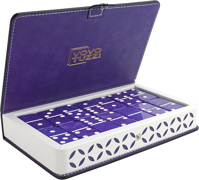 Dominos Set for Adults and Kids - Domino Set for Classic Board Games - Thick Jumbo Dominoes Double 6 for Travel Games - Purple Domino's 28 Tiles with Case