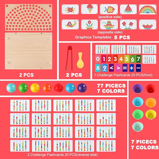 Toddler Learning Montessori Toys for 3 4 5 6 Year Old,Rainbow Stacking Matching Counting and Color Sorting - Wooden Peg Board Bead Game - Fine Motor Math Skills Toys for Boys & Girls
