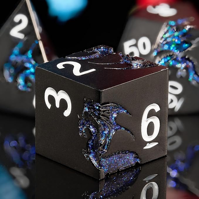 Metal Dice Set D&D,Glitter Blue Dragon Heavy Metallic DND Dice,Polyhedral Dice 7 Piece for Dungeons and Dragon Tabletop Game(Black Glitter Blue Dragon)