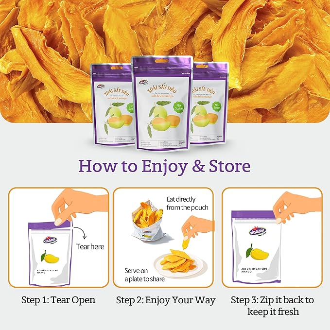 Vinamit Soft Dried Mango | No Sugar Added Mango Slices | 3.5 oz Bag | Naturally Sweet, Vegan, Non-GMO, Gluten-Free & Unsweetened | Rich in Dietary Fiber | Ideal for Travel, Healthy Snacking