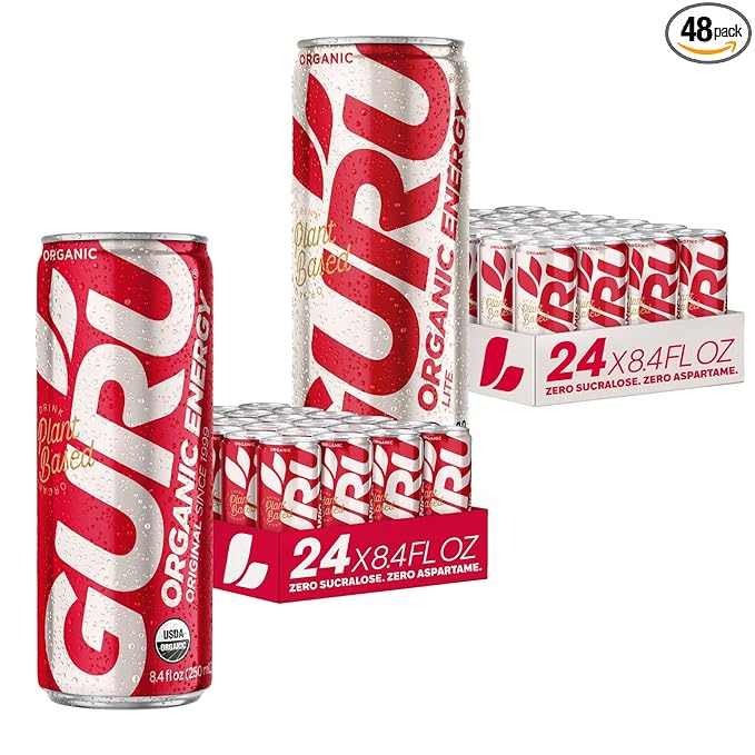 GURU Original and Lite Low Sugar Energy Drink Bundle, 48 Pack, Pre Workout Clean Energy Drinks with Green Tea, 100 mg Natural Caffeine, Low Calorie, Vegan, Organic, Plant Based, 8.4 oz Cans