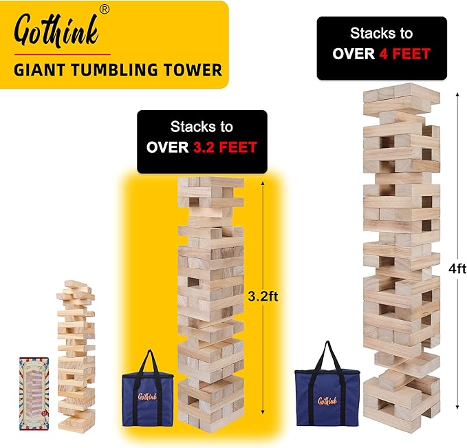 GOTHINK Giant Tumble Tower Game, Large Tumbling Tower Stack to Over 3.2 FT 60pcs Wooden Jumbo Blocks for Outside Yard Games with Carry Case Timber Stacking Game Night Toy Gift for Kids Adults Family