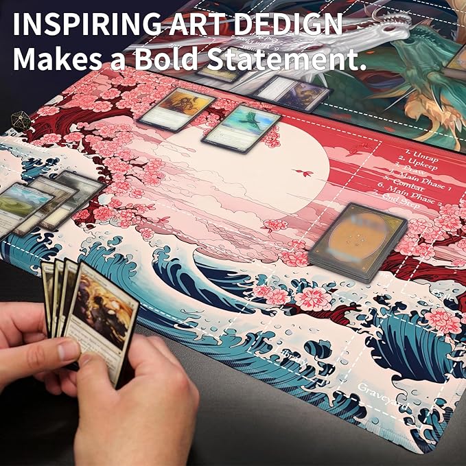 Playmat 24" x 14" Game Mats Tabletop Magic for MTG/TCG Cards, Trading Card Game Playing Stitched Play Mats Commander Deck Gaming Desk Mat Card Gameplay Mats, Japanese Sakura Wave