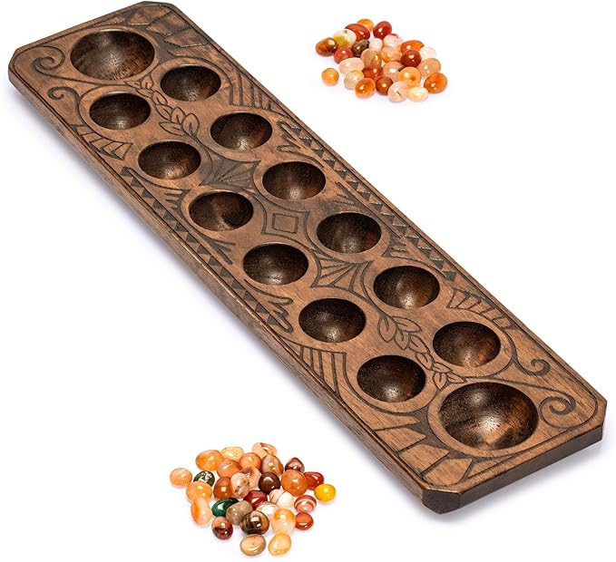 Yellow Mountain Imports Mancala Set with 17.3-Inch Solid Wood Board and Quartz Pebble Playing Pieces