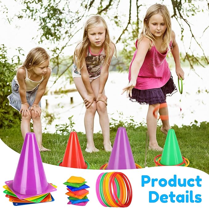 Hungdao 3 Sets Carnival Games Combo Set, Dart Board with Balls Plastic Cones Ring Bean Bags Toss Game for Boys Girls Adults Family Birthday Yard Indoor Outdoor(Vibrant Color, Fun Style)