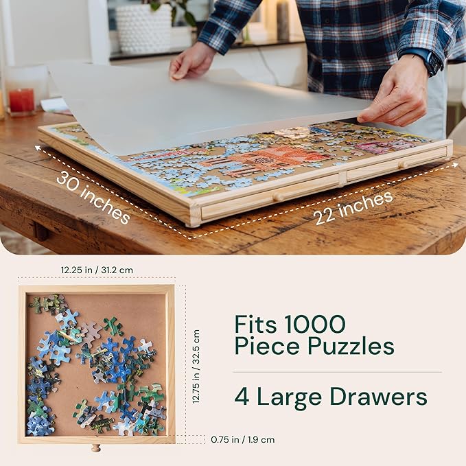 PlayVibe 1000 Piece Rotating Puzzle Board with Drawers and Cover - Sturdy Jigsaw Puzzle Table with 4 Drawers 22” x 30" - Portable Puzzles Boards with Lazy Susan, Wooden, Spinning Puzzles Accessories