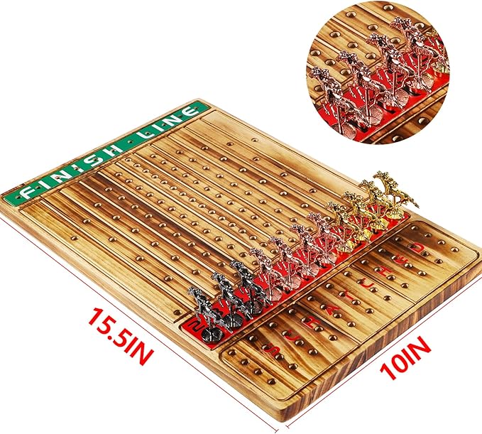 Horse Racing Board Game Thickened Solid Wood Finish Line Horse Race Game with 11 Metal Horses with 2 Sets of Dice,2 Boxes of Cards and 100 Poker Chips for Parties and Gambling