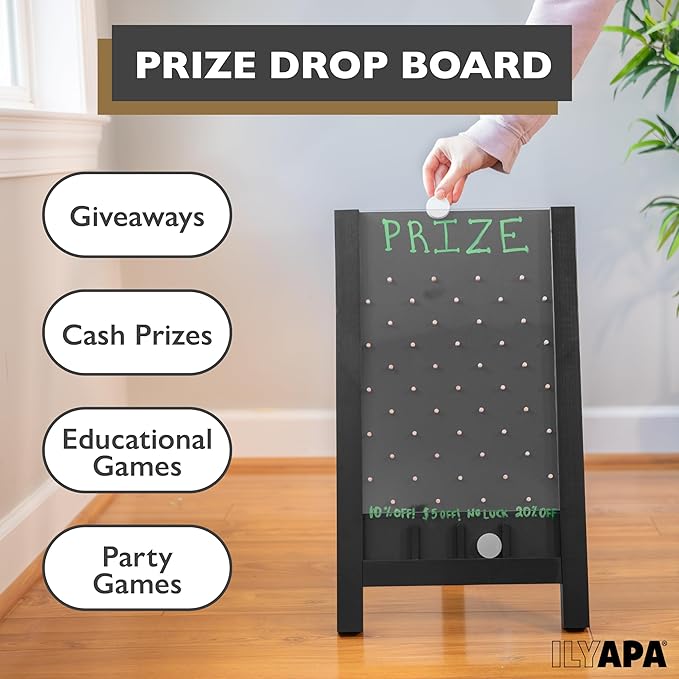 Ilyapa Board - Large Portable Prize Drop Game for Events and Trade Show - 14 x 24 Inch Wooden Sign Penny Drop Game - Chalk, Magnetic Eraser