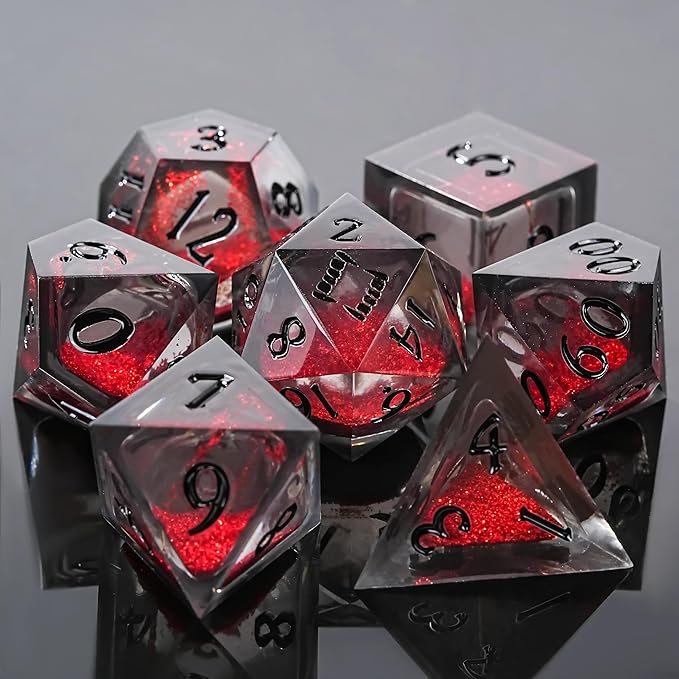 DND Dice Set - Handcrafted Liquid Core Sharp Edge 7-Die Resin Dice with Colorful Quicksand Effect，for DND, RPG, MTG, Tabletop Games（Crimson Codex）