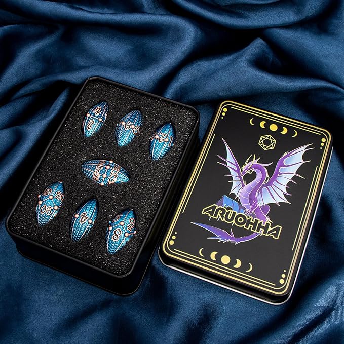 ARUOHHA DND Metal Dice Copper Blue Dragon Egg Dice with Metal Box, Role Playing Game RPG Polyhedral D and D Dice Set D20 D12 D10 D8 D6 D4