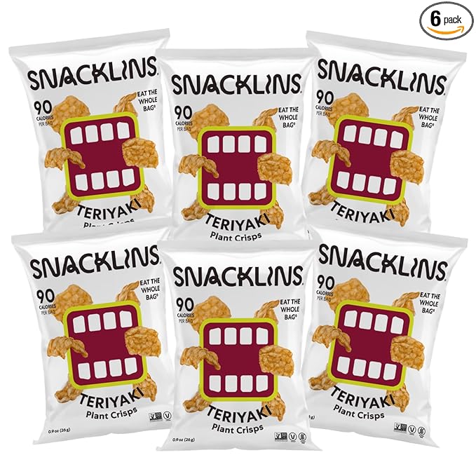 SNACKLINS Plant Based Crisps TERIYAKI - Gluten Free, Grain Free, 100% Kosher, Vegan Healthy Snacks, Crunchy Puffed Snack, Only 90 Calories Per Bag - .9oz Bag (Case of 6)