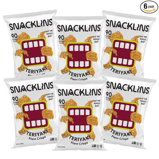 SNACKLINS Plant Based Crisps TERIYAKI - Gluten Free, Grain Free, 100% Kosher, Vegan Healthy Snacks, Crunchy Puffed Snack, Only 90 Calories Per Bag - .9oz Bag (Case of 6)