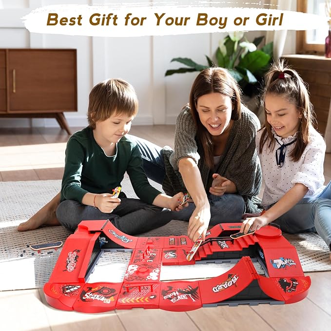 Finger Skateboards Ramp Set, Red 6 in 1 Fingerboard Skatepark Deck with 11 Buffer Plate, Fingerboard Half Pipe Ramp for Kids Adults Fingerboard Train Props Interactive Freestyle Game