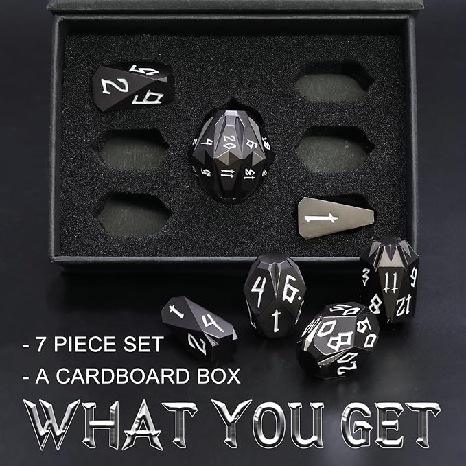 Metal DND Dice Set D and D, Dungeons and Dragons Dice of 7 RPG Dice Set Metal Unique Cool Polyhedral Dice Set with Cardboard Box for Role Playing Games TTRPG Gifts (Black)
