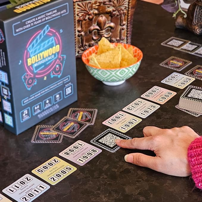 The Bollywood Music Party Card Game, Fun Hindi Music Filmi Trivia Card Game, 2-24 Players, 500 Plus Indian Music Hits Cards, Great for Desi Friends and Family Game Nights and Parties