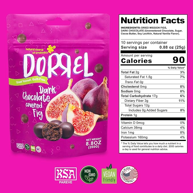 Dorrel Dark Chocolate Covered Figs - Nutritious and Sweet Snacks - Organic, Vegan - Natural Probiotic - Non-GMO - Kosher Pareve - Healthy, Delight Fruit Snack [8.8 Ounce] [1-Pack]