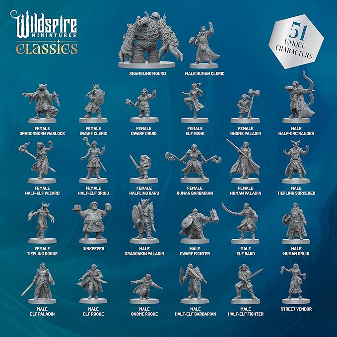 Classic Heroes - Mercenary Guild - 51 Paintable Characters for DND Miniatures Bulk I 28mm Dungeons Dragons D&D Miniatures I DND Minis D&D Figures Dungeons Dragons Figures Pathfinder Compatible