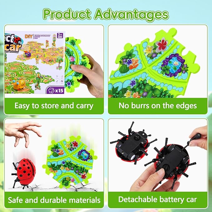 15Pcs Puzzle Racer Kids Car Track Set for Kids, Race Tracks for Toddlers Ages 3-8, Puzzle Track Car Play Set, Educational Puzzles Cars Toys Gifts for 3 4 5 6 7 Year Old Boys (Snail Bee Ladybug)