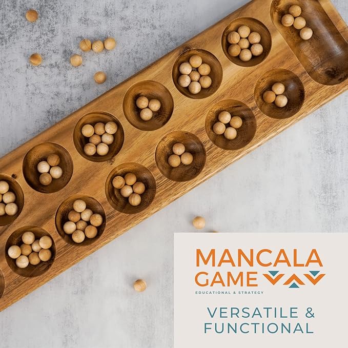 BSIRI Mancala Wooden Board Game - Entertainment for Family, Adults, Teens, Kids. Ideal for Game Night, Drinking. Play with 2 or More People in All Ages