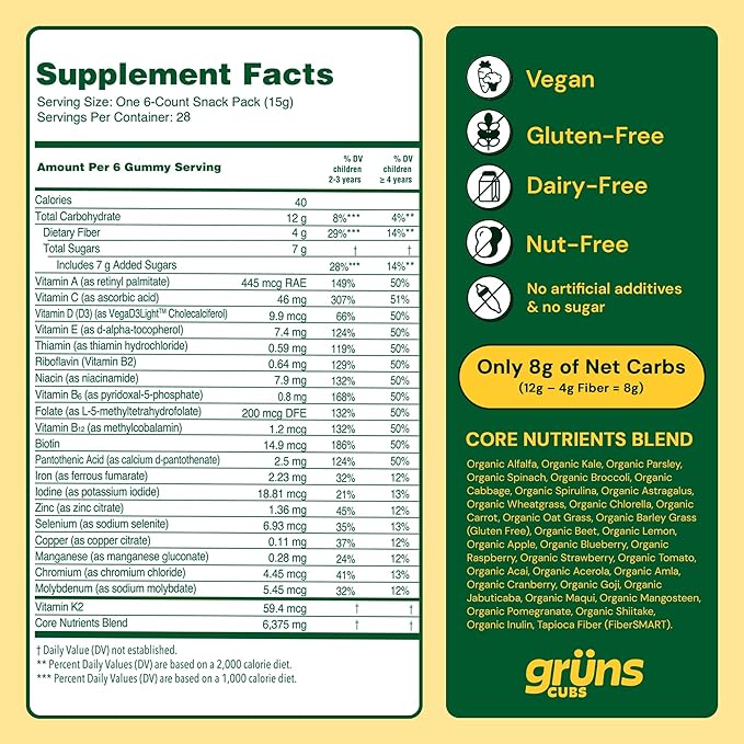 Gruns Kids Vitamins, Super Greens Gummies - Superfood Gummy Bears with Spirulina, Chlorella, 20+ Vitamins & Minerals, Prebiotics Fiber for Digestive Health, Adaptogens Supplement, 28 Day Supply