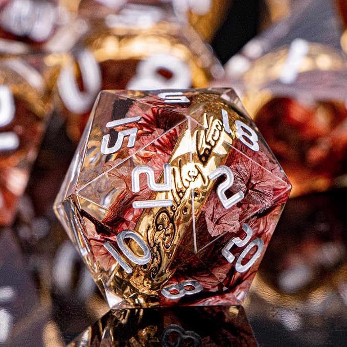 Magic Golden Ring DND Dice Set Sharp Edge Resin Dice with Case, Pink Flower Lord D and D Dice for use with D&D RPG Role Playing Games, Polyhedral Dice Set D20 D12 D10 D8 D6