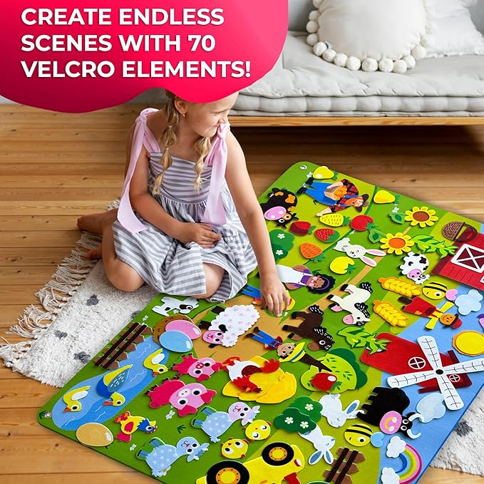 QUOKKA Farm Felt Board for Toddlers - 70 PCS Double-Thick Story Set with Large 41x30 Inch Durable Wall Activity Board - Ideal for Indoor Storytelling and Classroom Activities