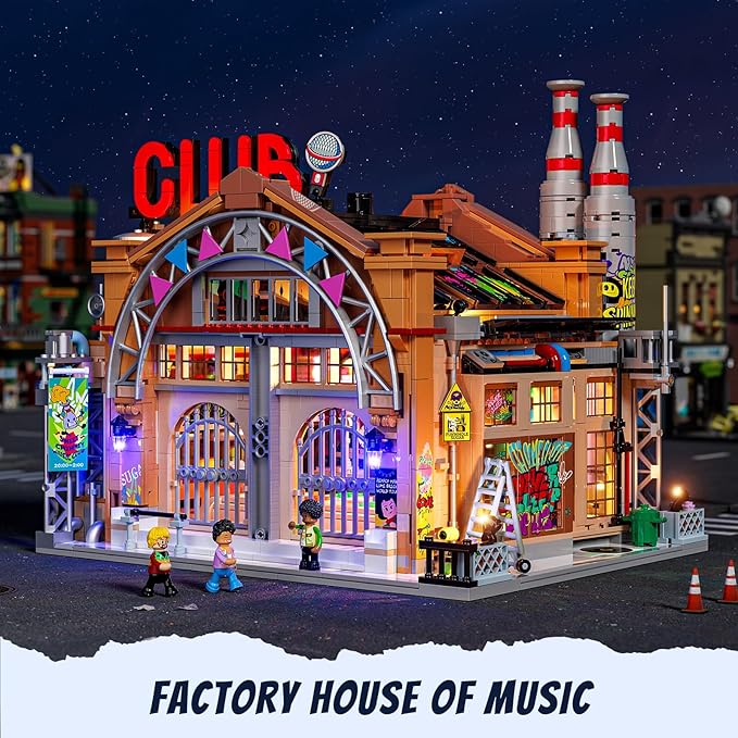 FUNWHOLE Factory House of Music Lighting Building Bricks Set - Street Fusion Music Club City Town Fully Accessible Multi-Form Modular Collection Kit 2654 Pcs for Adults & Teens & Street Culture Lovers