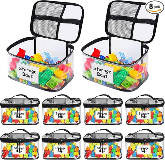 8 Pack Large Clear Toy Storage Bags with Zipper - 9.4x6.7x5.1In Waterproof PVC Organization for Lego, Building Blocks, Board Games & Puzzles - Includes Name Tag (Black)