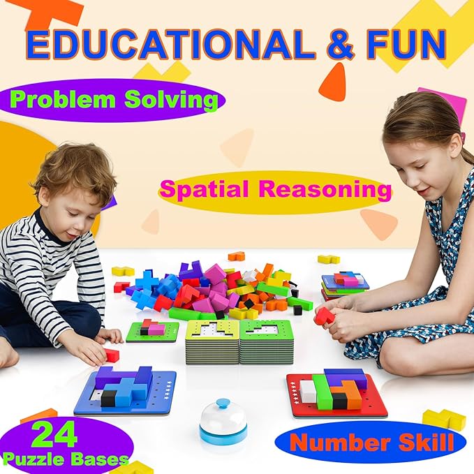 4-in-1 Family Board Games, 120 Pcs Wooden Multi-Level Montessori Toy Fast 3D Shape Pattern Matching Puzzle Stacking Building Blocks Fun Game for Kids Adults Family Night/Party, 1-6 Players Ages 4+