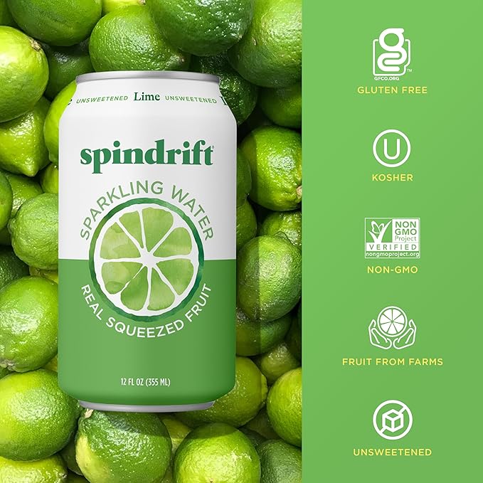 Spindrift Sparkling Water, Lime Flavored, Made with Real Squeezed Fruit, 12 Fl Oz Cans, Pack of 24 (Only 4 Calories per Can)