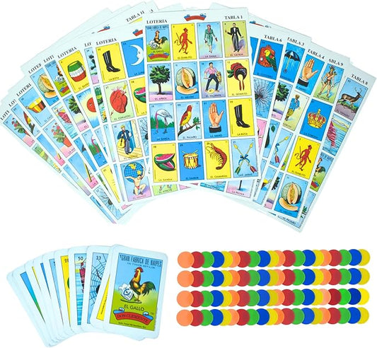 Premium Lotería Mexican Bingo Game Set - Complete with 100 Bingo Chips for 20 Players - Authentic Lotería de Lujo Mexicana - Colorful Loteria Cards (Jumbo + 100 Chips)