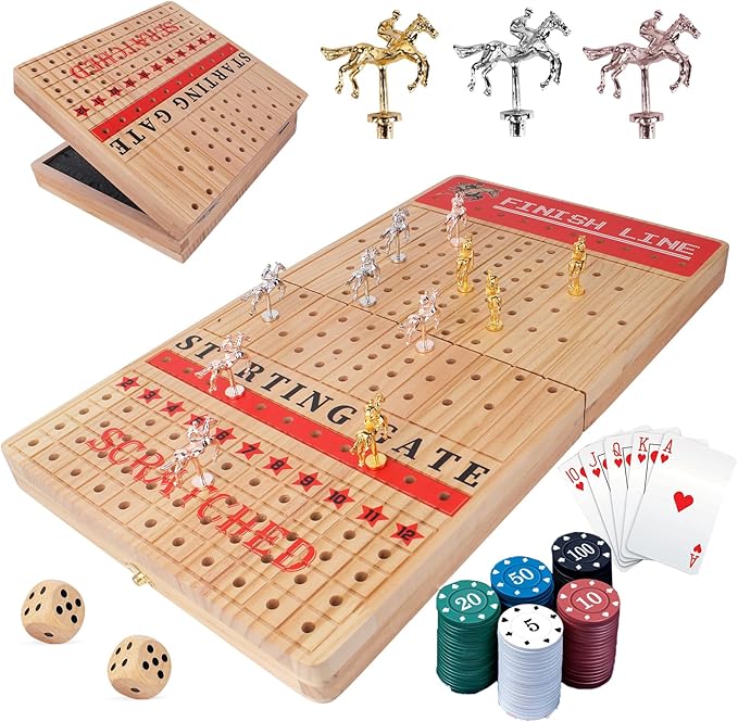Horse Racing Board Game Set for Adults ， 21-Inch Foldable Solid Wood Adult Board Games with 11 Metal Horses, 2 Dice, and 2 Boxes of Cards for Adults Family Game Night Tabletop Game Party