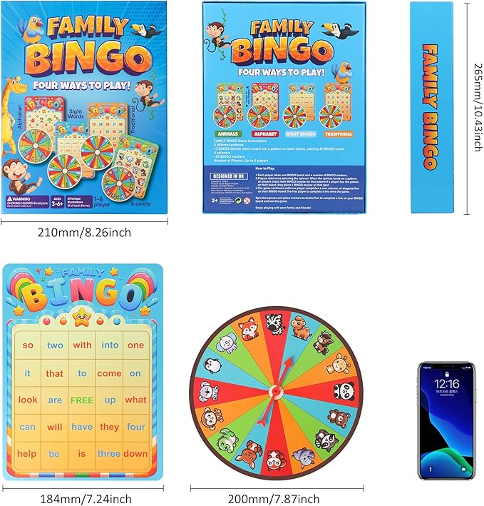 Family Bingo Game for Toddlers Ages 3+ | 4-in-1 Educational Bingo Set for Kids with Numbers, Sight Word, Letters & Animals | Family-Friendly Board Game for Learning & Fun | 2-4 Players