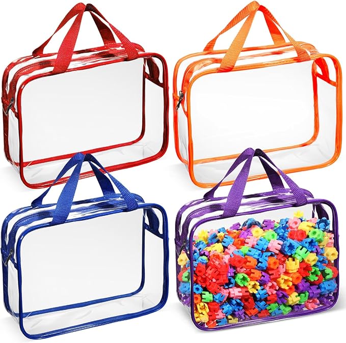 Sanwuta 4 Packs Large Toy Storage Bags Reusable Clear PVC Organizing Case Bags with Two Handles Waterproof Toy Container for Board Games, Building Blocks, Puzzles, Small Toys and Kids Books(Vivid)