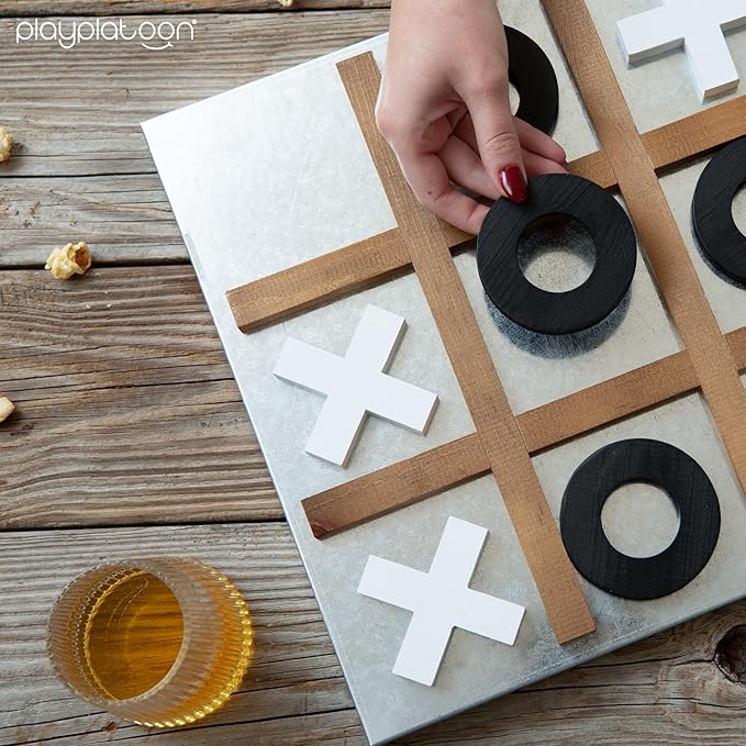 Play Platoon Metal & Wood Magnetic Tic Tac Toe Wall Mounted Games - 13.5 Inch Table Top Playroom Decor or Wall Mounted Room Decor - Rustic Board Game, Room Accessories