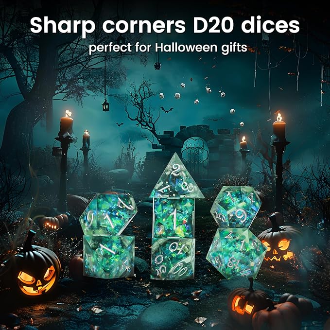 OriCraft Green Magic Dice DND Dice Set Dungeons and Dragons Polyhedral Role Playing Gaming Dices Green Underwater World D20 Dices Magical World Ocean Dice Halloween Sharp Corners