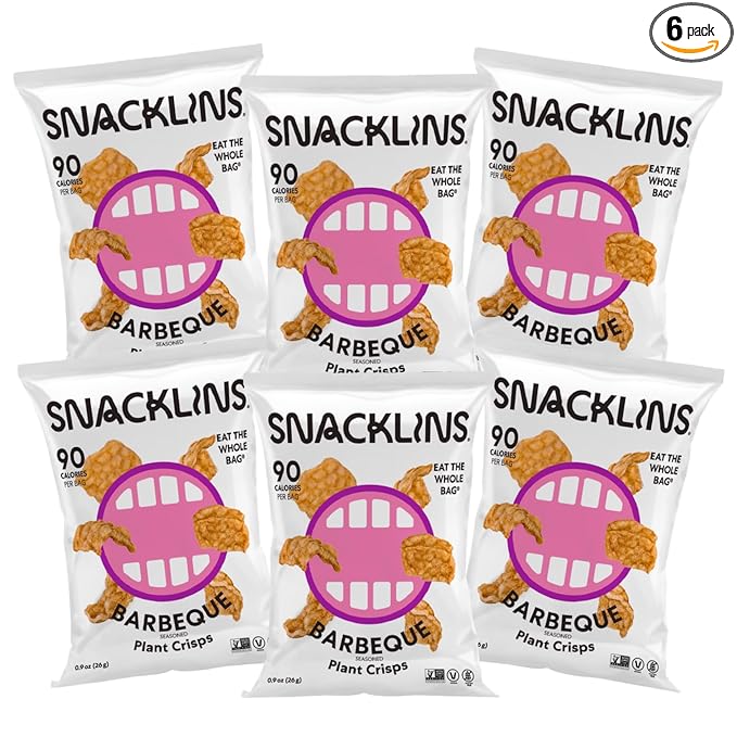 SNACKLINS Plant Based Crisps Barbeque Flavor cracklins - Gluten Free, Grain Free, 100% Kosher, Vegan Healthy Snacks, Crunchy Puffed Snack, Only 90 Calories Per Bag - .9oz Bag (Case of 6)