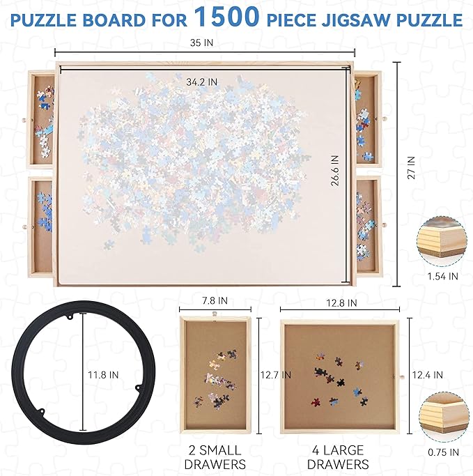 WOOD CITY Puzzle Board, 1500 Piece Wooden Jigsaw Puzzle Board with Drawers, 35” x 27” Portable Puzzle Table with Covers and Lazy Susan, Rotating Jigsaw Puzzle Table for Kids and Adults (1500PCS)