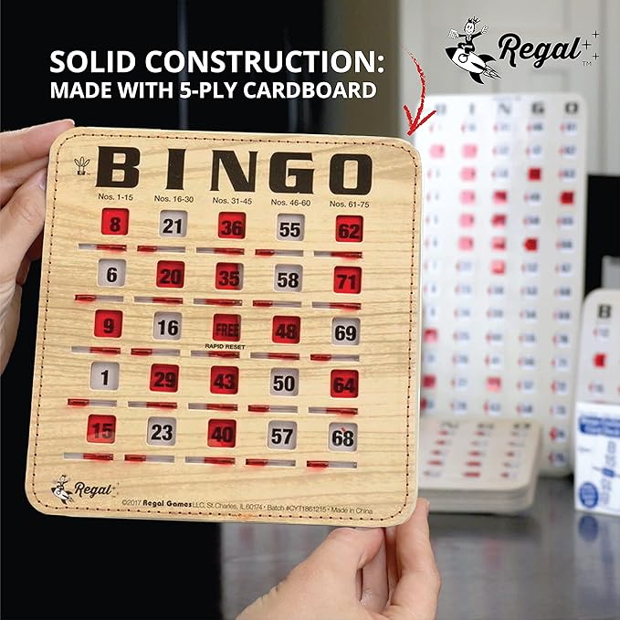 Regal Bingo Bulk Bingo Cards with Sliding Windows - Reusable Bingo Game Cards for Adults Large Group - 10 Pack, Woodgrain